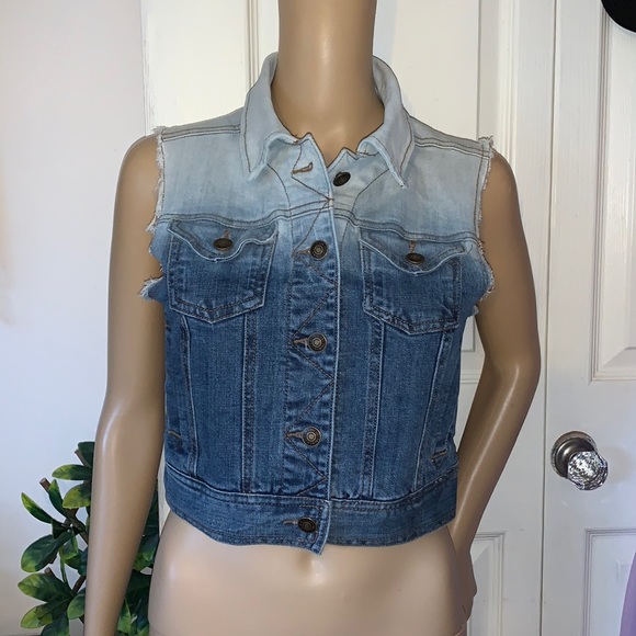 Sleeveless ombré blue denim crop vest with pockets S - Picture 5 of 12